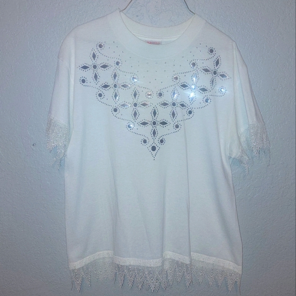 Vintage Sunbelt Western Style Silver Studs Lace Trim Top Size Large